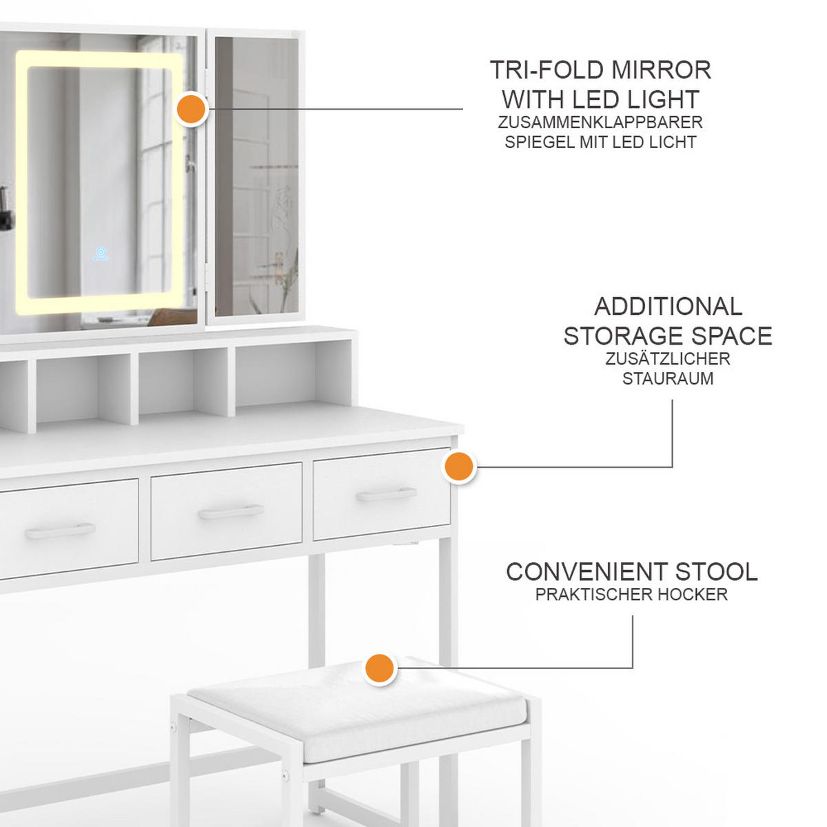 SCHMINKTISCH Mavida Weiß 90 cm mit LED-Spiegel und Hocker - Weiß, Holzwerkstoff (90/137.5/40cm) - Vicco