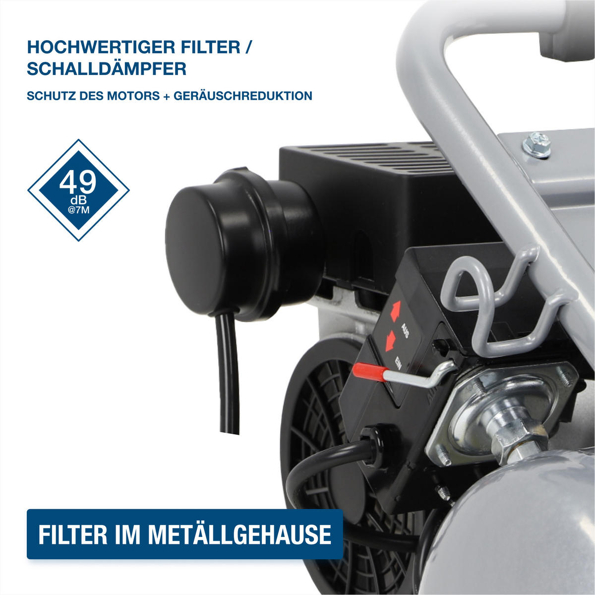 SILENT Kompressor SAC75008 (9 bar, 8L, tragbar, ÖLFREI, 49 dB, 750 W / 1 PS) - Silberfarben, Metall (41/41/35cm) - HYUNDAI