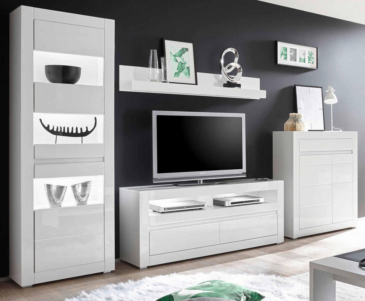 WOHNWAND weiß Hochglanz, Stone Design grau 4-teilig, Schrankwand mit Soft-Close - Weiß Hochglanz/Weiß, Glas/Holzwerkstoff (336/198/42cm) - Furn.Design