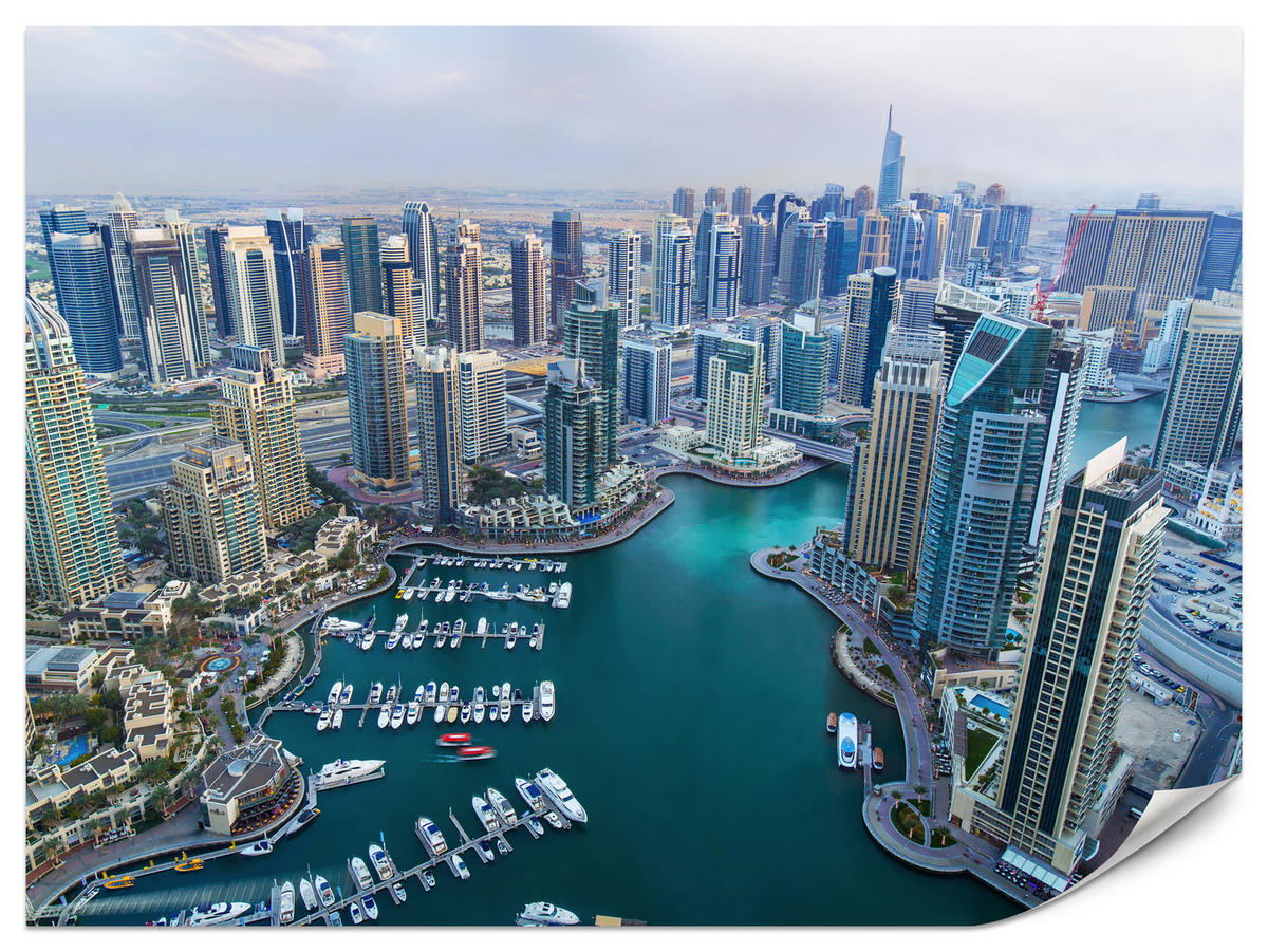 FOTOTAPETE für Wohnzimmer Dubai Vogelperspektive Wolkenkratzer 450x315 - Türkis/Blau, Papier (450/315cm) - Muralo