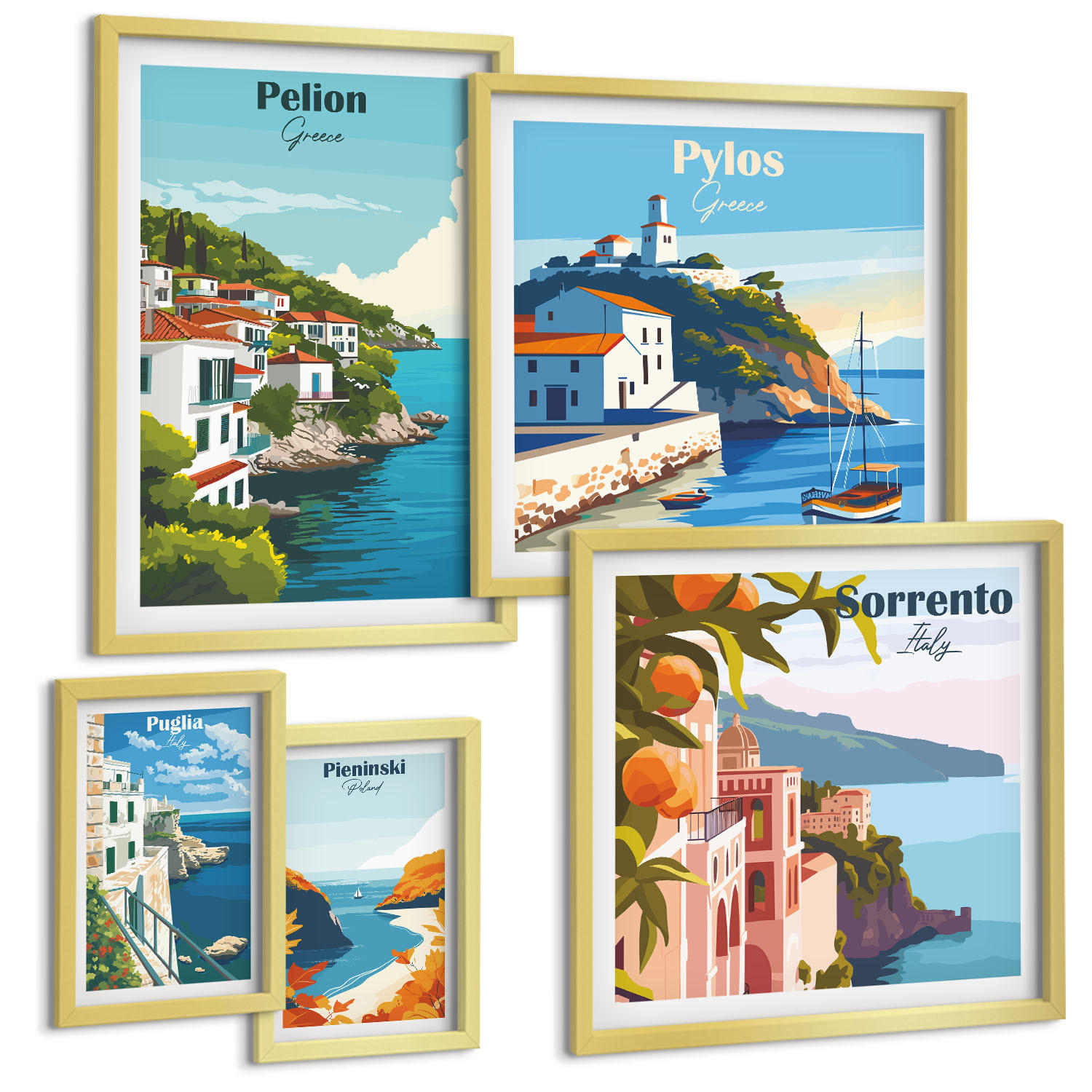 BILDER SET 5er Set - 50x50 cm & 20x30 cm & 40x60 cm Goldrahmen - Farbenfrohe Illustrationen von Retro-Städten - Goldfarben, Kunststoff (40/60cm) - TULUP