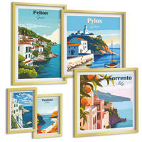BILDER SET 5er Set - 50x50 cm & 20x30 cm & 40x60 cm Goldrahmen - Farbenfrohe Illustrationen von Retro-Städten - Goldfarben, Kunststoff (40/60cm) - TULUP