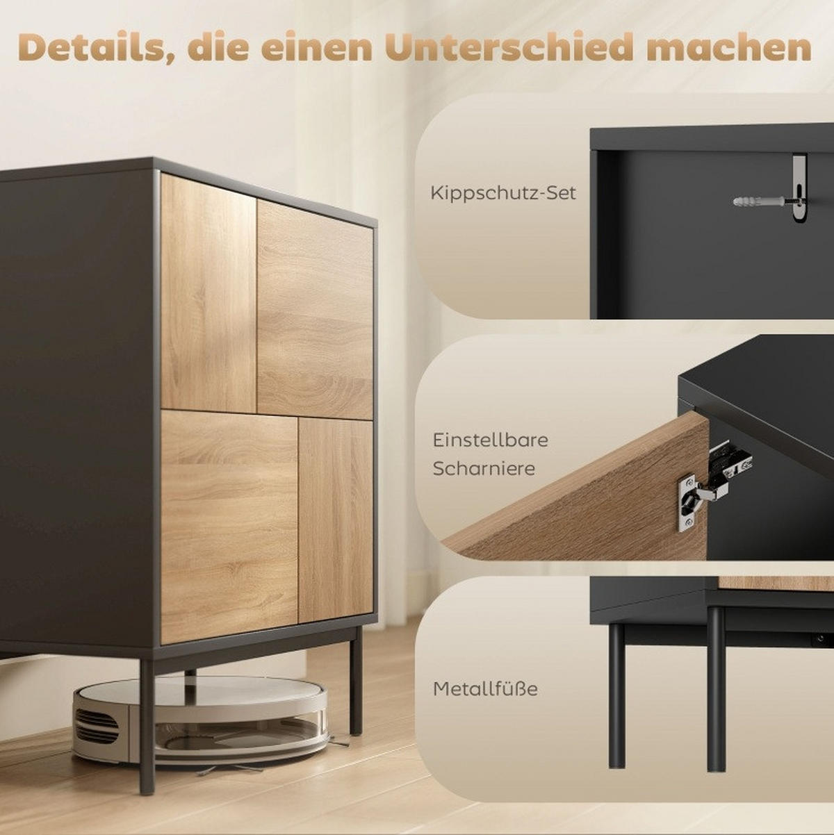SIDEBOARD 60/35/78 cm Schwarz aus Holz und Metall mit Push-to-open-Funktion - Schwarz, Holz (35/78/60cm) - OKMYHOME