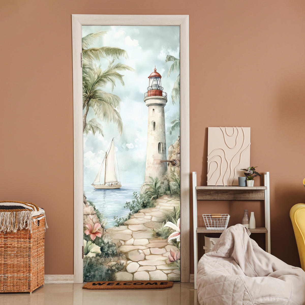 FOTOTAPETE Tür - Leuchtturm - Natur - Landschaft - Boot 95x235 cm - Eichefarben, Kunststoff (95/0.1cm) - MuchoWow