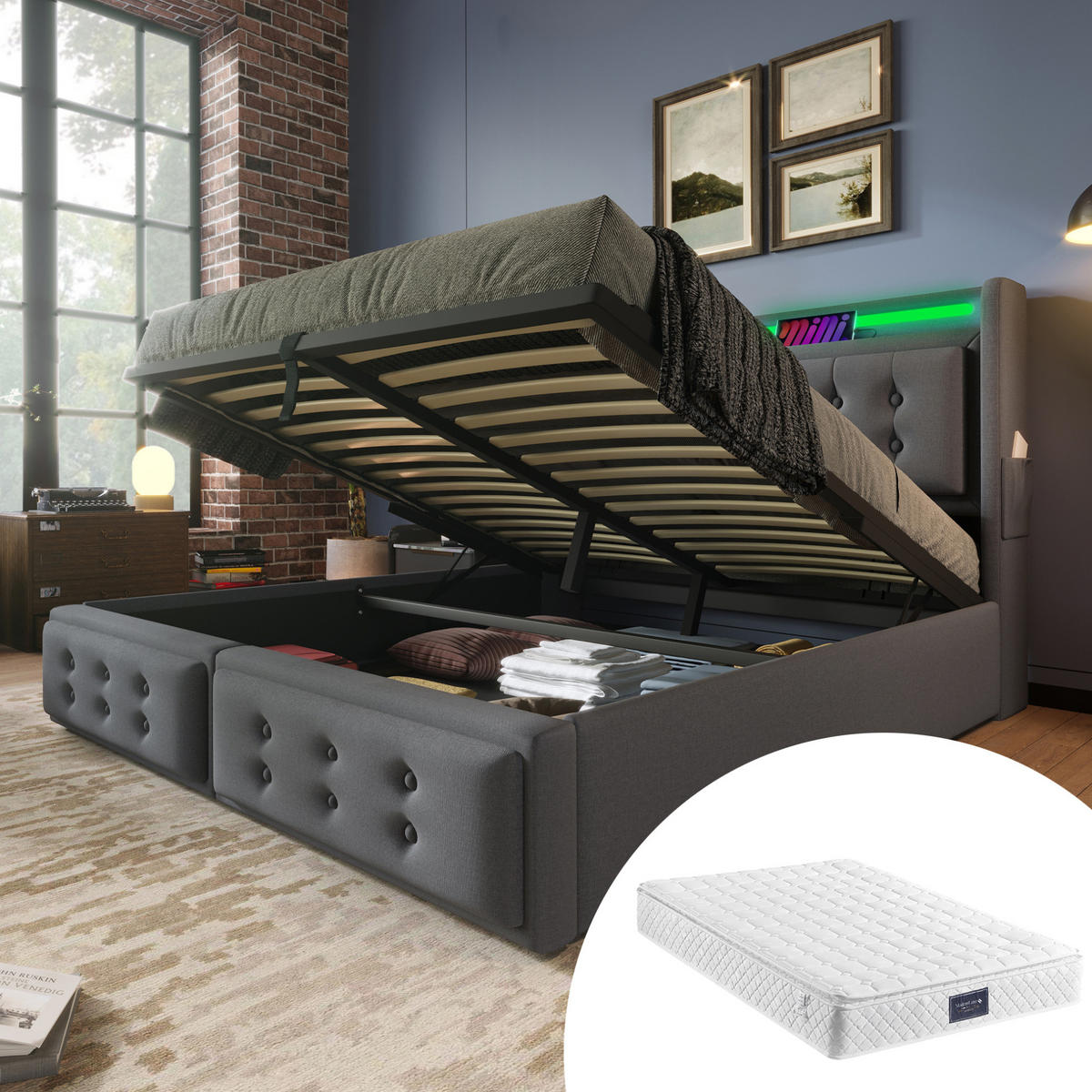 ČALOUNĚNÁ postel 140/200 cm, bavlněno-lněný potah šedá, s LED osvětlením a USB-C - šedá, textil (140/200cm) - BEAOK
