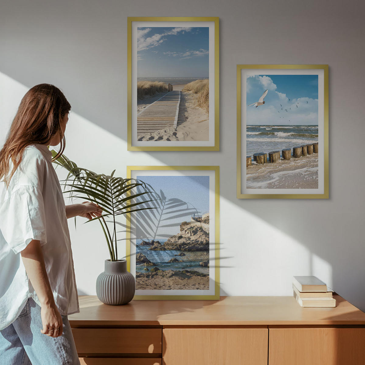 WANDBILDER 3er Set - 40x60 cm Goldrahmen - Strand Holzsteg Klippen - Goldfarben, Kunststoff (40/60cm) - ArtPrintCave