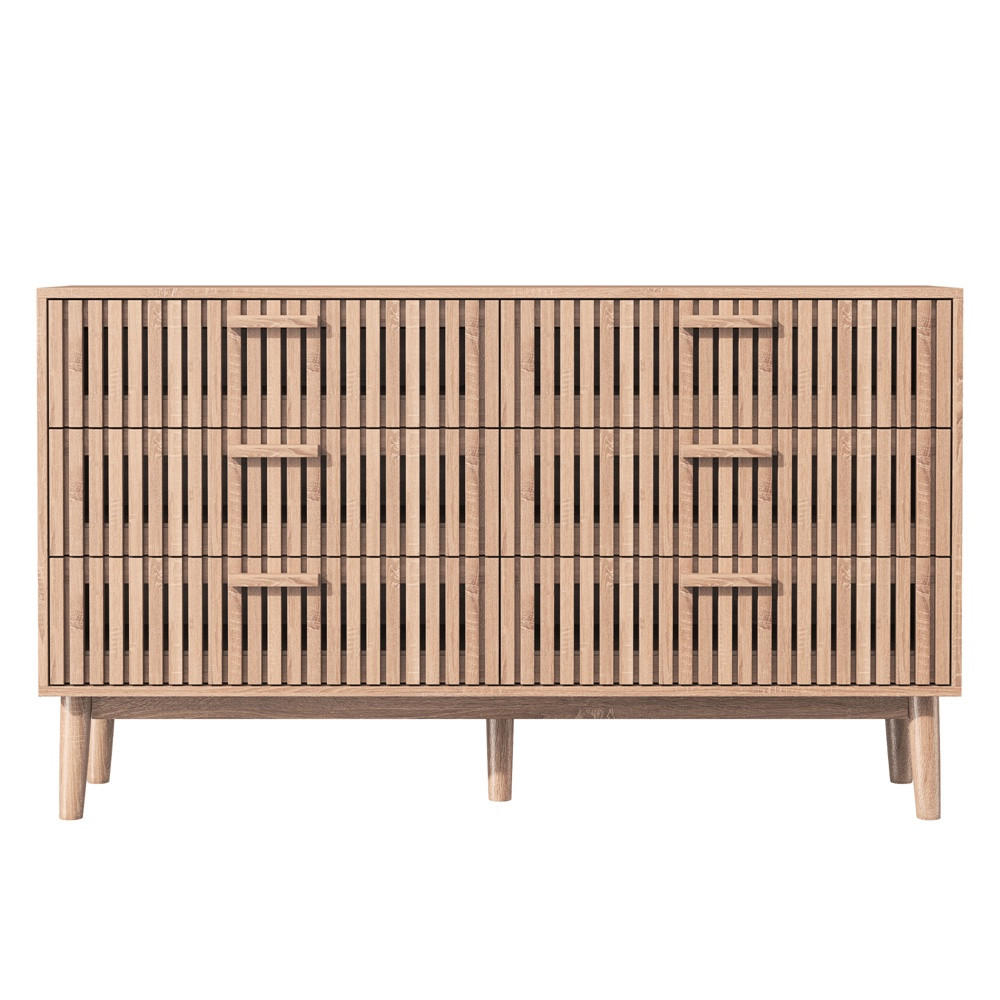 KOMMODE mit 6 Schubladen - gerillte Fronten und konische Beine - für Wohnzimmer und Schlafzimmer - Eichefarben, Holzwerkstoff (100/73/34cm) - DELFA