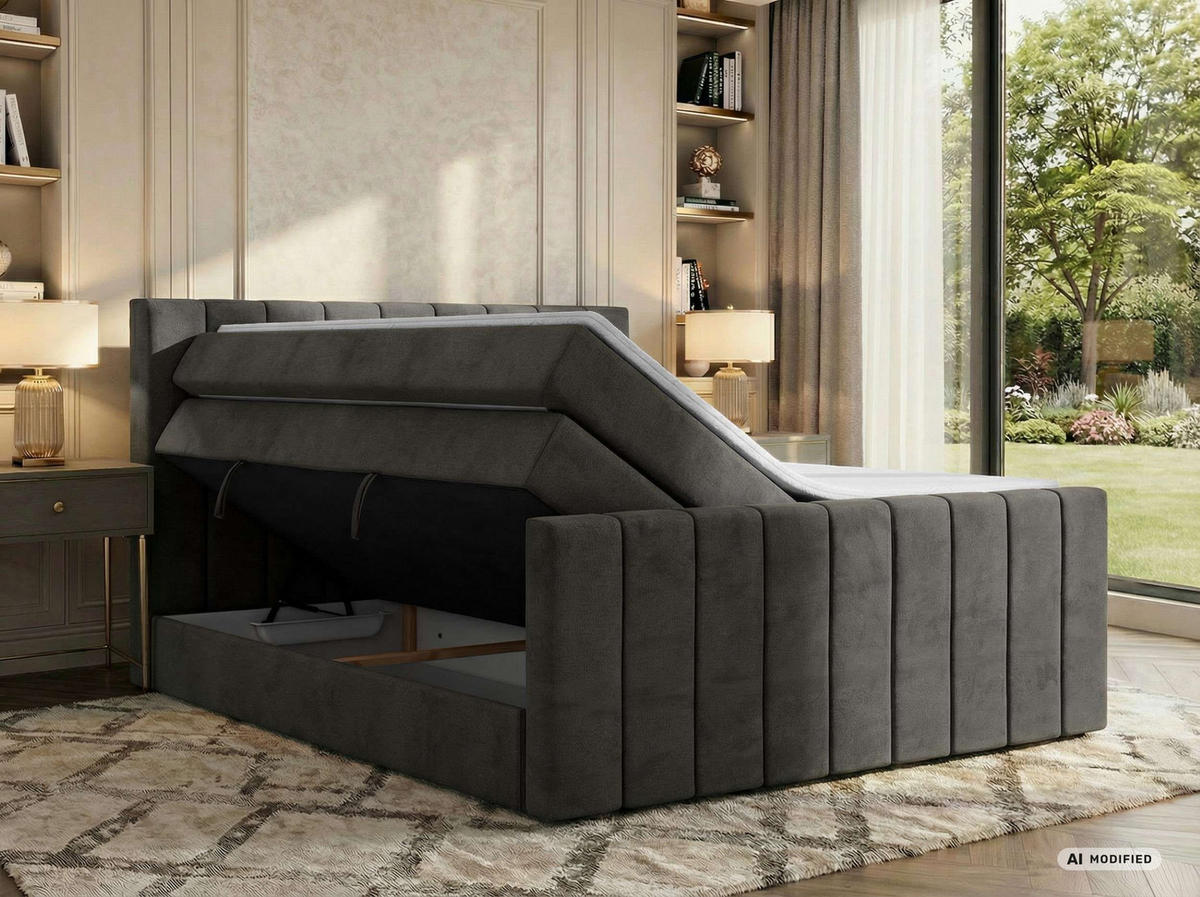 BOXSPRINGBETT ALVER KING DUO 200/200 - Dunkelgrau Velvet - Topper T25 - H4 - Dunkelgrau/Schwarz, Kunststoff/Textil (200/200cm) - MKS