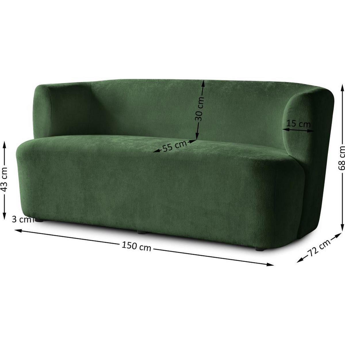 2-SITZER SOFA Nori dunkelgrün velour - Dunkelgrün/Schwarz, Kunststoff/Textil (150/68/72cm) - Beautysofa