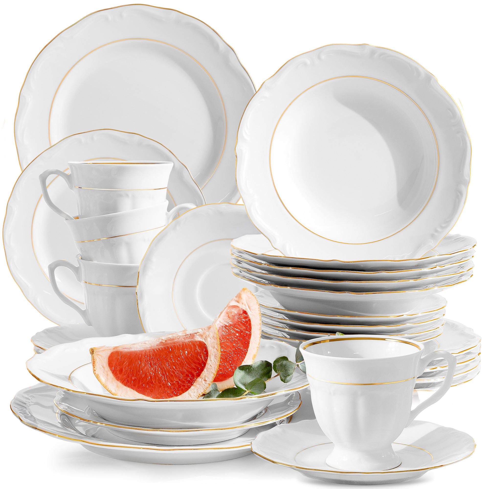 KOMBISERVICE Chodziez MARIA TERESA 30-tlg Porzellan mit Goldrand, Weiß / Gold - Goldfarben/Weiß, Keramik (25/8/25cm) - KONSIMO®