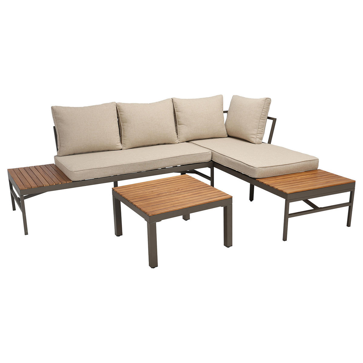 LOUNGESET - 3-teilig - Webstoff / Akazie massiv - Beige / Akazie Braun - Beige, Holz/Textil - home24