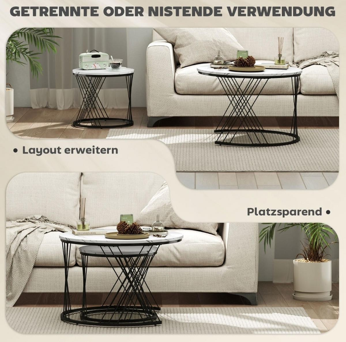 COUCHTISCH-SET 70/70/46,5 cm und 44,5/44,5/39 cm ineinanderstellbar in Marmoroptik mit Metallgestell, Weiß - Weiß, Holzwerkstoff (70/70/46.5cm) - Redom