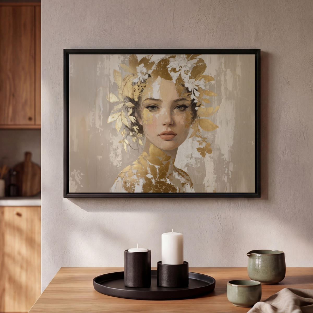 LEINWAND Bilder mit Rahmen - Gesicht - Frau - Blätter - Gold - 40x30 - Beige, Textil (40/30cm) - MuchoWow