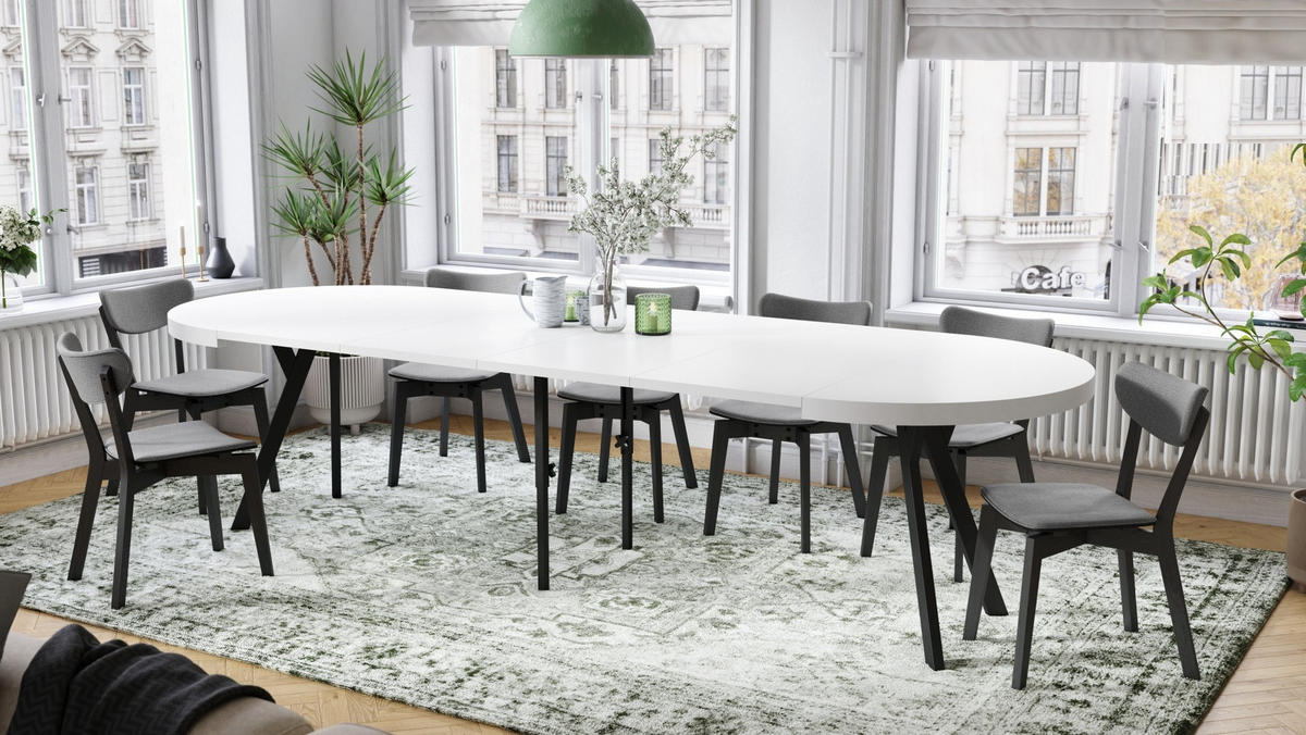 ESSTISCH rund Weiß matt - Schwarz matt ausziehbar - Schwarz/Weiß, Holzwerkstoff (110/110/77.5cm) - designimpex