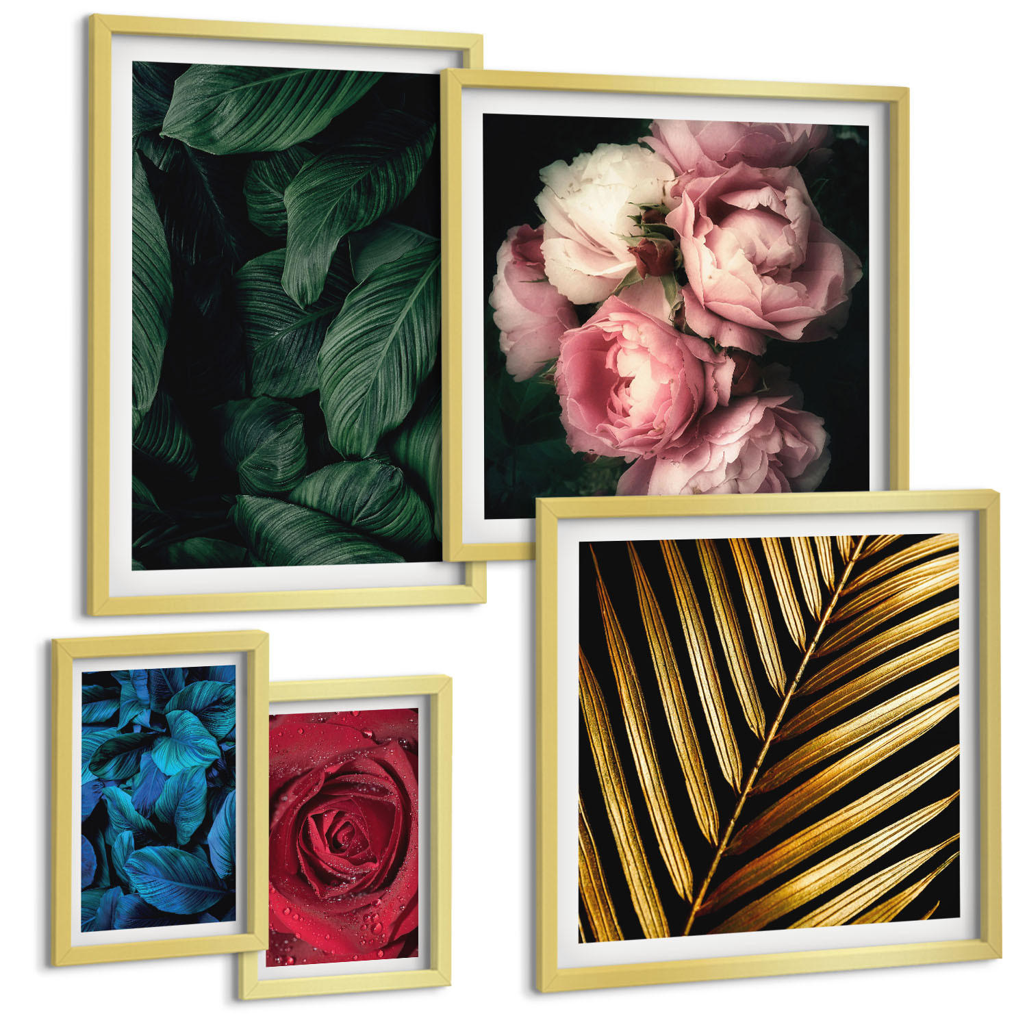 BILDER SET 5er Set - 50x50 cm & 20x30 cm & 40x60 cm Goldrahmen - Abstrakte schwarze Muster - Goldfarben, Kunststoff (40/60cm) - TULUP