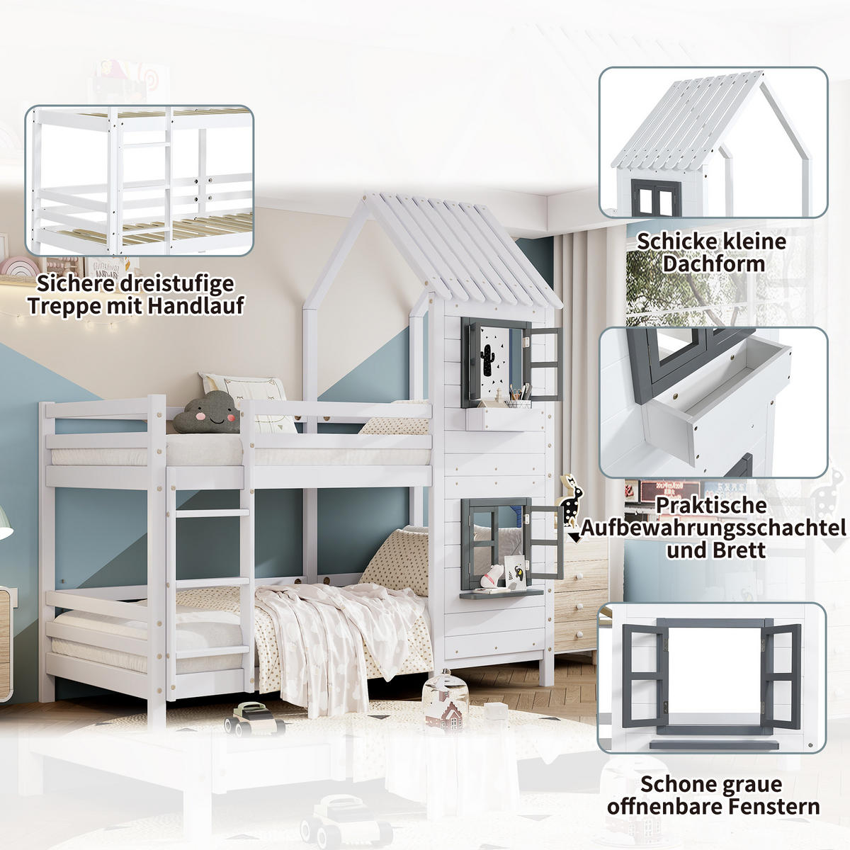 ETAGENBETT 90x200 cm Haus Fenster weiß - Weiß, Holz (90/200cm) - LEBENLANG