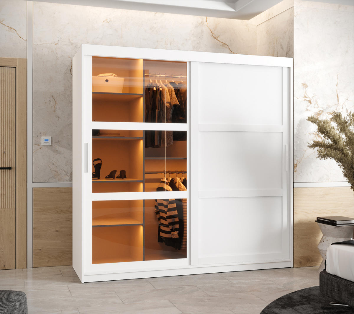 SCHWEBETÜRENSCHRANK 200/180/62 2-türig - Silberfarben/Weiß, Holz/Kunststoff (180/200/62cm) - Abiks Möbel