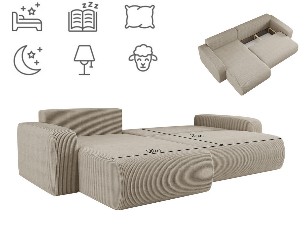 SCHLAFSOFA MILANO XL und bettkasten stoff Poso Dicker Cord Dunkelbeige Links - Beige, Holz (274/82/145cm) - Kaiser Möbel