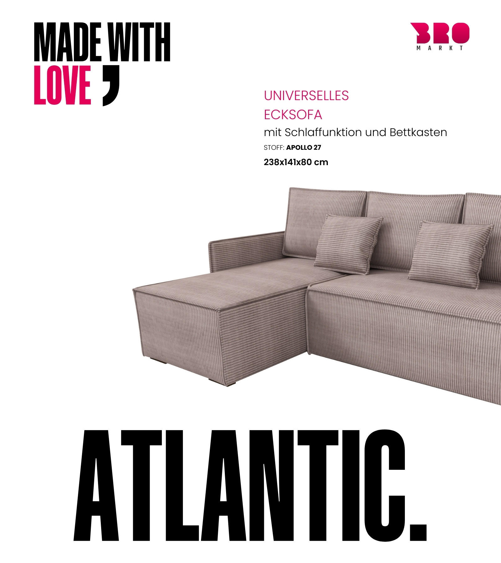 ECKSOFA Atlantic mit Schlaffunktion Puderrosa Cord - Rosa, Textil (238/141cm) - Bromarkt