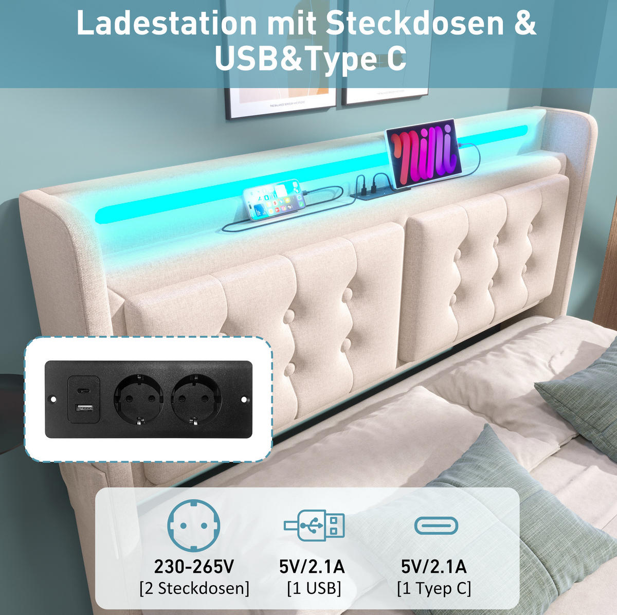 ČALÚNENÁ posteľ 160/200 cm s LED osvetlením, zásuvkami a úložným priestorom, Béžová - béžová, textil (160/200cm) - Redom