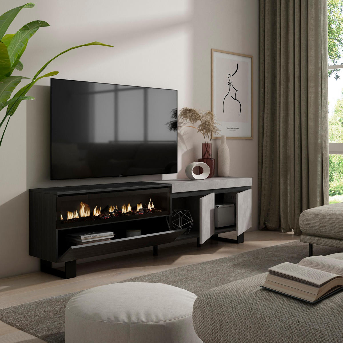 LOWBOARD, Elektrokamin, zementgrau, 200/35/57cm - Hellgrau/Grau, Holzwerkstoff (200/57/35cm) - Skraut Home