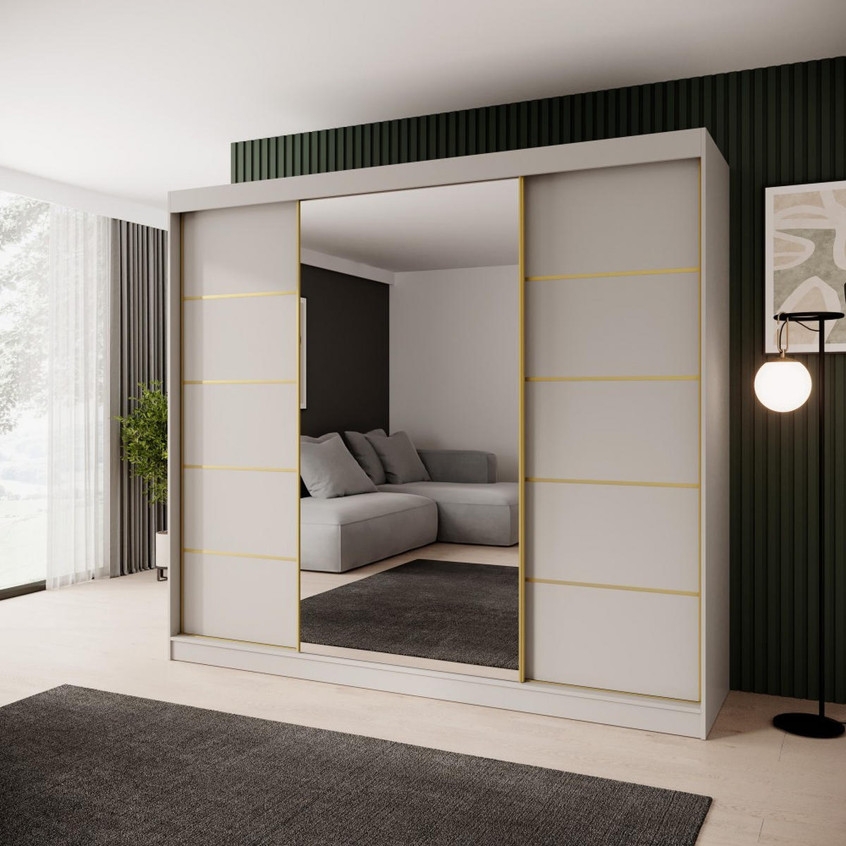 SCHWEBETÜRENSCHRANK Marika Lux, 3-Türig, mit Schubladen, Kaschmir+Gold, 240 cm - Kaschmir/Goldfarben, Holzwerkstoff (240/216/61cm) - Beautysofa