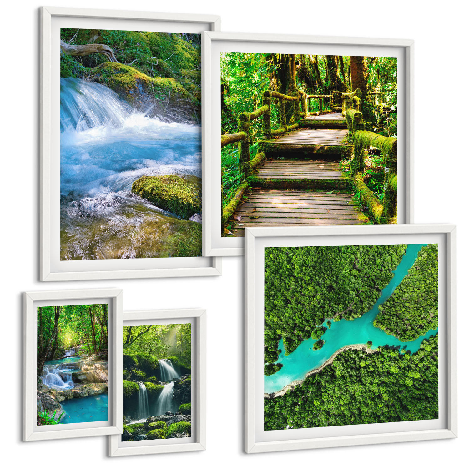 BILDER SET 5er Set - 50x50 cm & 20x30 cm & 40x60 cm Weißer Rahmen - Grüne Berge, Flussfelsen - Weiß, Kunststoff (40/60cm) - TULUP