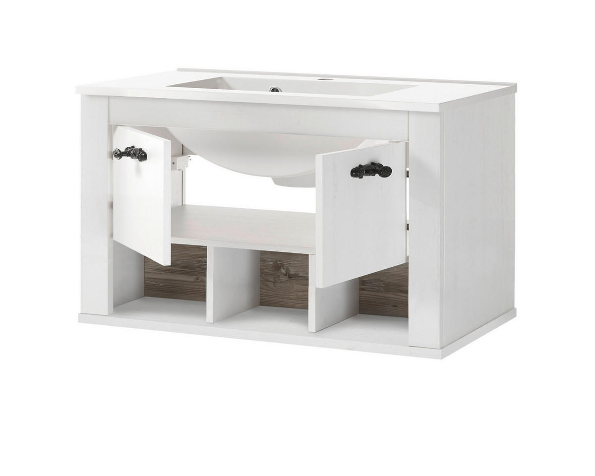 BADKOMBINATION Pinie weiß, Oslo Pinie, Landhaus Badmöbel Set 3-tlg. hängend MIT Waschbecken 81 x 200 cm - Anthrazit/Weiß, Holzwerkstoff/Metall (81/200/46cm) - Furn.Design