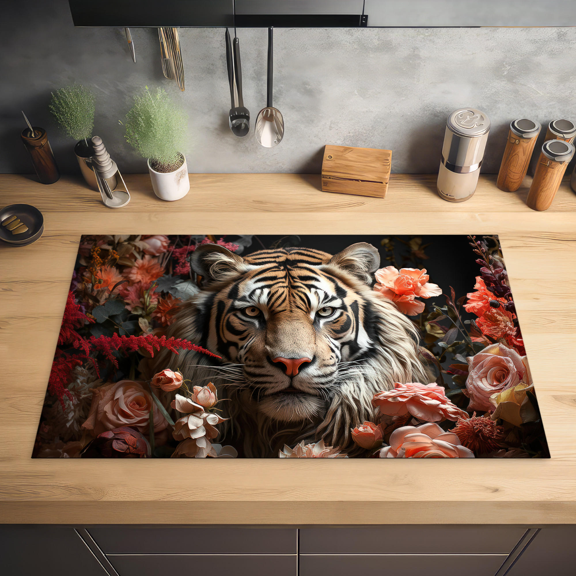 HERDABDECKPLATTE Tiger - Tier - Natur - Floral - Botanisch 85x52 cm - Orange, Kunststoff (85/0.2/52cm) - MuchoWow