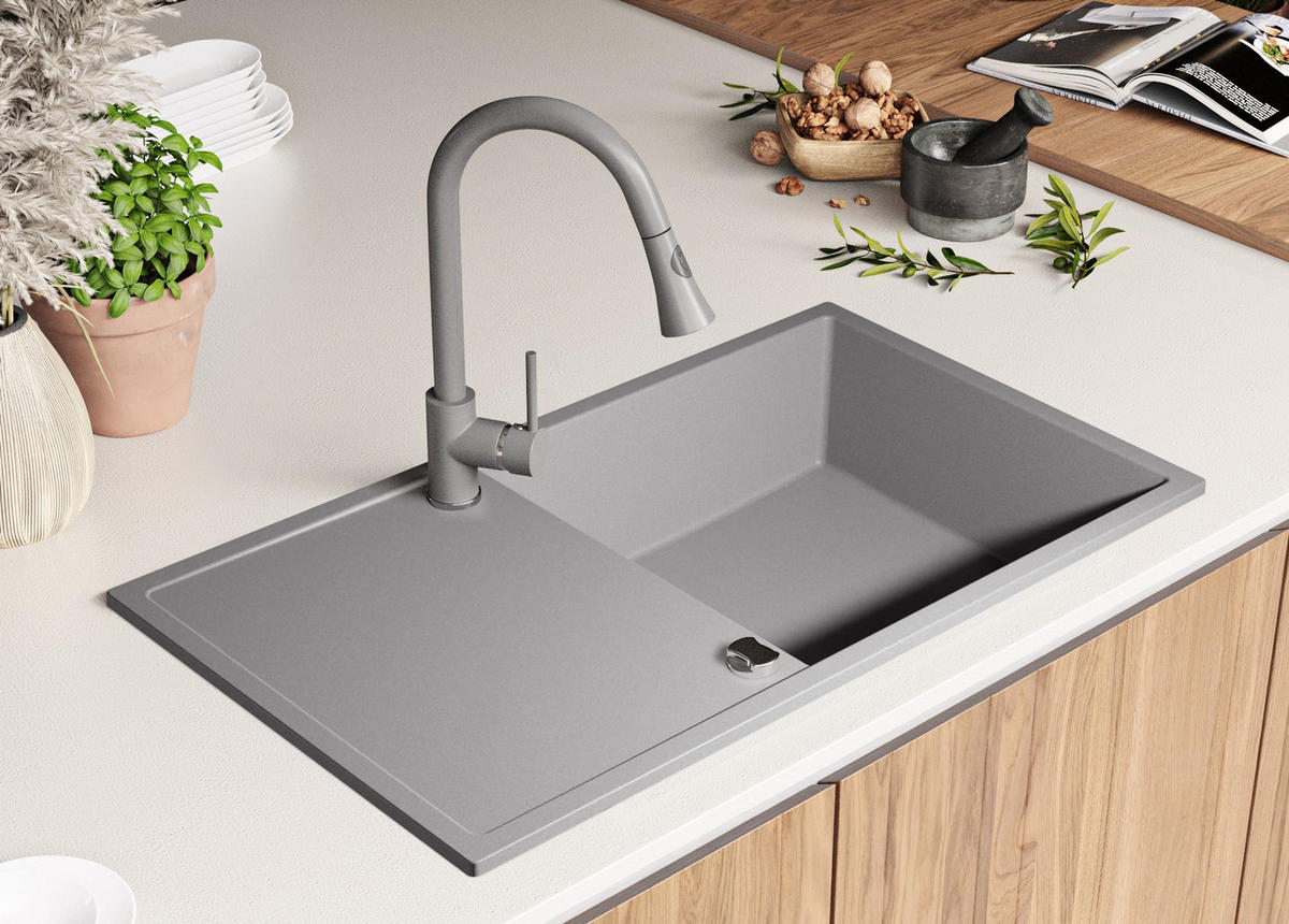 GRANITSPÜLE Ibiza, 2-er set Grau 90/50 cm 1 Becken + Küchenarmatur 38/14 cm + Ablauf-Set ab 60er Unterschrank - Grau, Kunststoff (90/19/50cm) - Primagran