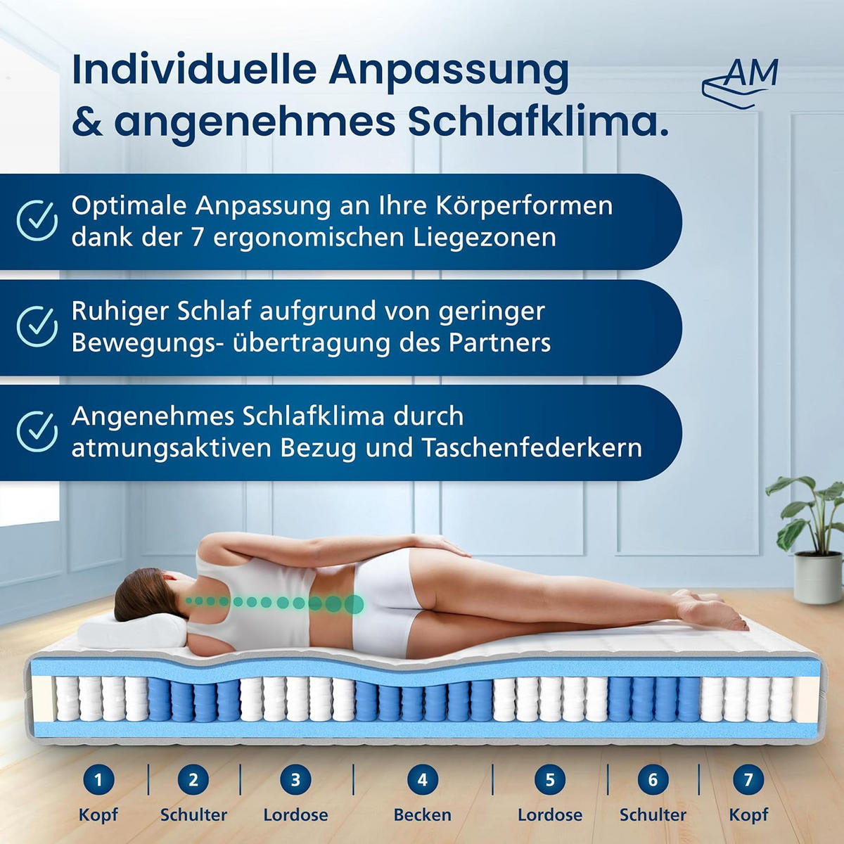 PARTNER-TASCHENFEDERKERNMATRATZE Premium 1000 Federn mit Tencel Bezug - Härtegrad H4 & H5 - 200x200cm - Weiß, Textil (200/200cm) - AM Qualitätsmatratzen