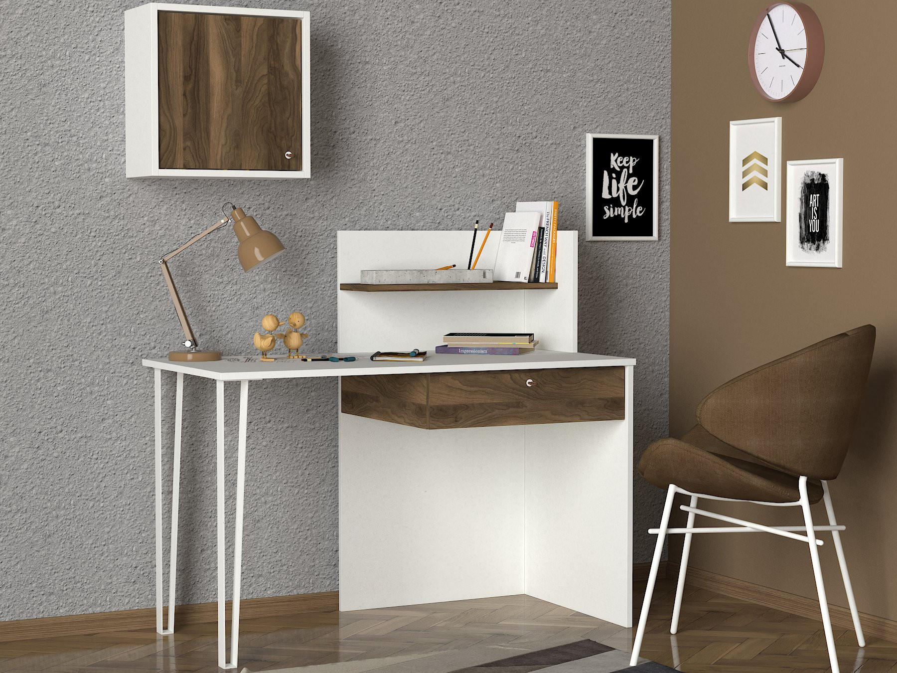 Thumbnail - moebel17 Schreibtisch, Weiß, Walnuss, Holzwerkstoff, 1 Fächer, 1 Schubladen, Rechteckig, 120x109x60 cm, Arbeitszimmer, S...
