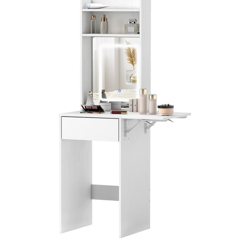 SCHMINKTISCH 45/45/152 cm mit LED-Spiegel, klappbarer Ablage und Schublade aus MDF/Spanplatte, Weiß - Weiß, Holz (45/152/45cm) - Redom