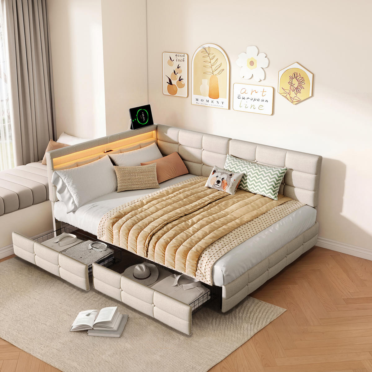 BETT 140x200 cm mit L-förmigem Kopfteil, 2 Schubladen, USB-Ladeanschluss, LED-Licht, Leinenstoff, Beige - Beige, Holz (140/200cm) - BRILVERDE