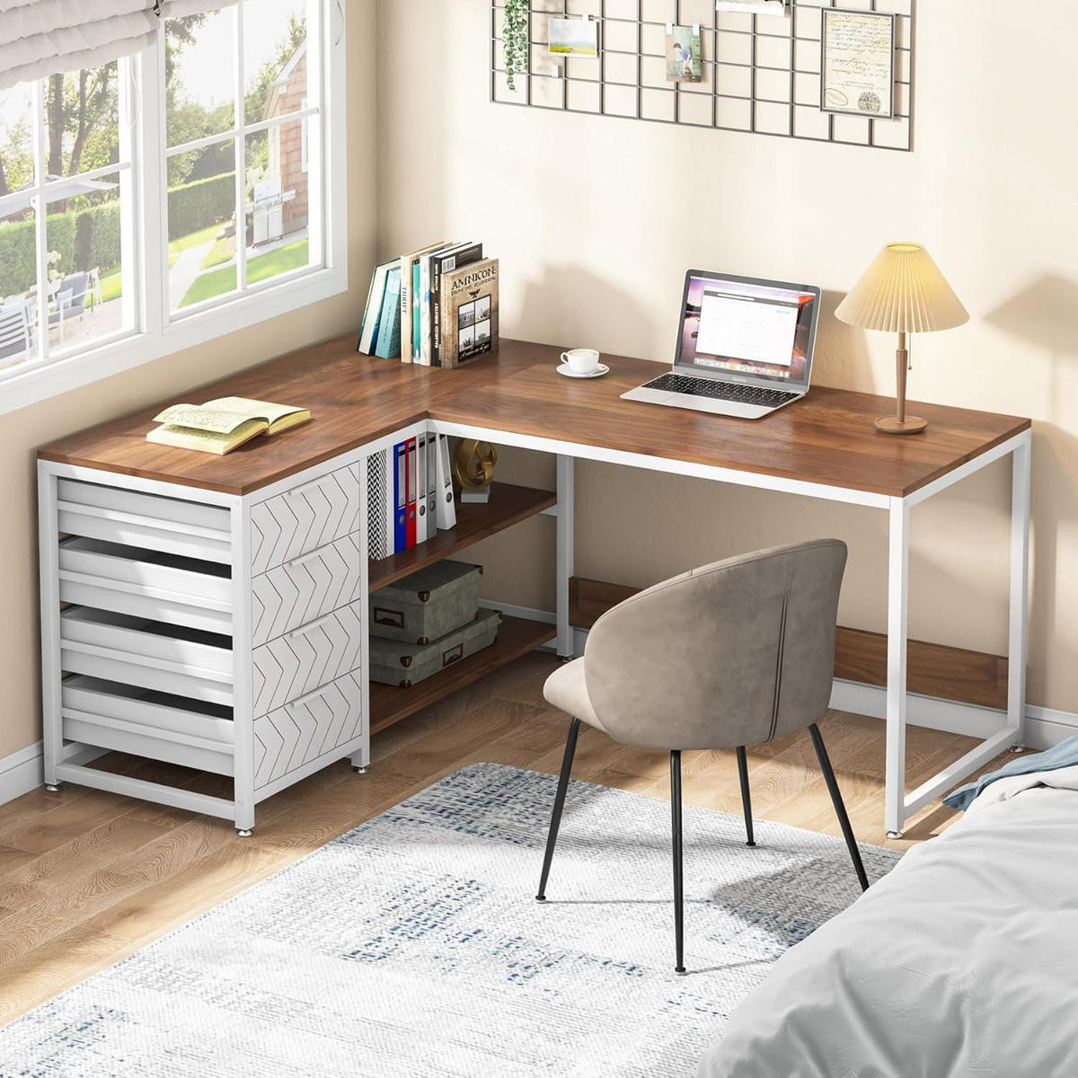 SCHREIBTISCH L-Form mit 4 Schubladen und 2 Ablagen 150 x 110 x 75 cm Walnuss/Weiß - Multicolor, Holzwerkstoff (110/150/75cm)