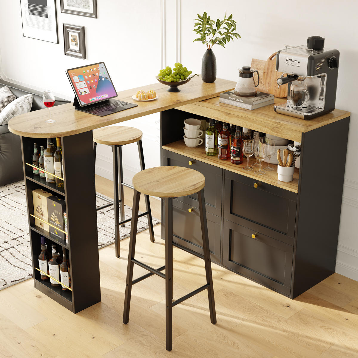 KÜCHENINSEL Stauraum Barhocker Schwarz Holzoptik - Multicolor, Metall (138/105/39cm) - FLIEKS