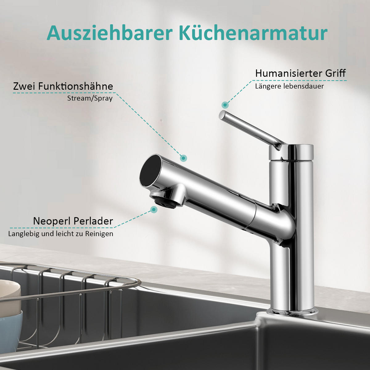 KÜCHENARMATUR mit ausziehbarer Spülbrause, Temperaturanzeige, chrom - Chromfarben, Metall (19.1/5.1/19.1cm) - EMKE