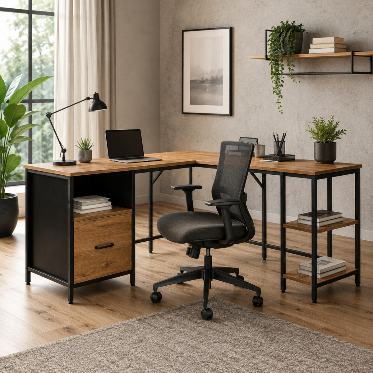 ECKSCHREIBTISCH MDF Metall Erle Dunkelbraun mit Schublade und Regalfächern 149x149x74.5 cm - Erlefarben, Holzwerkstoff/Metall (149/149/75cm) - Begryf