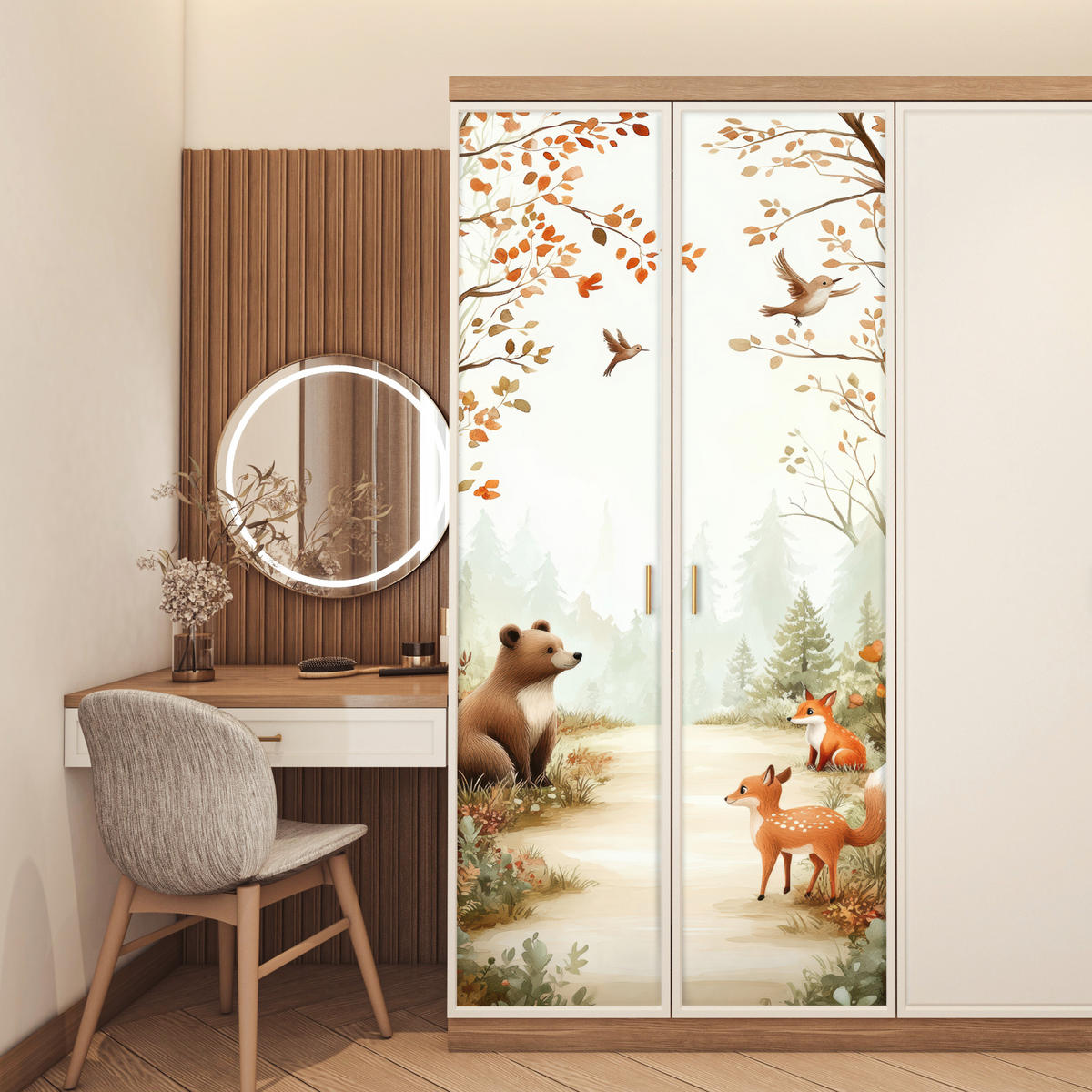 SAMOLEPKA NA DVEŘE Les - Podzim - Lesní zvířata - Medvěd - Liška 95x215 - barva kaštanu, plast (95/0.1cm) - MuchoWow