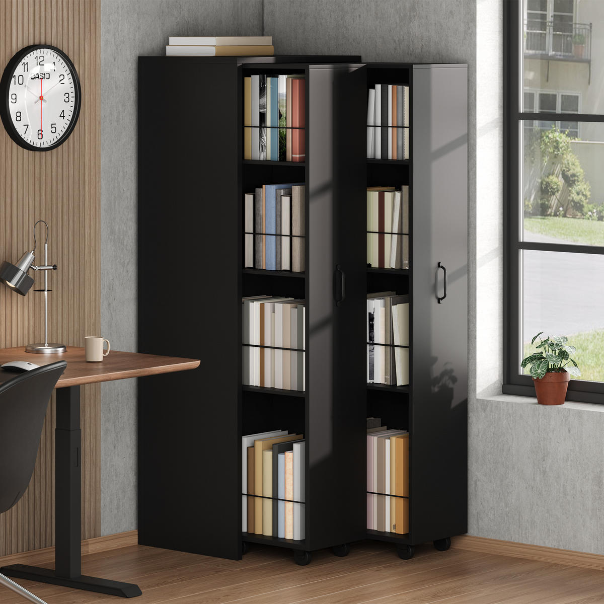 BÜCHERREGAL mit Rollen 4 Ebenen Erweiterbar MDF Modern - Schwarz, Holzwerkstoff (51.5/158/41cm) - FLIEKS