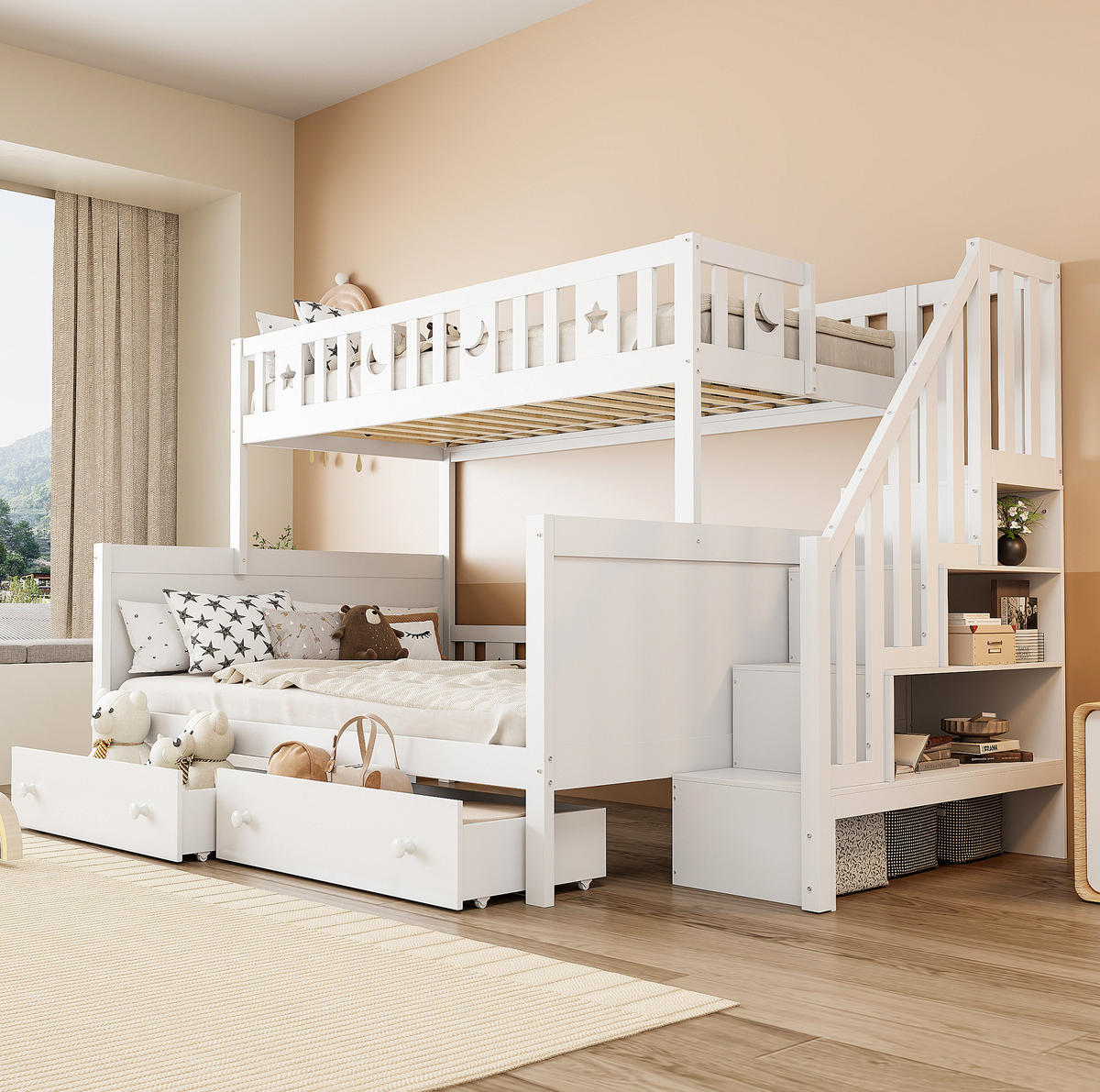 ETAGENBETT Kinderbett 90/200 & 140/200 cm aus Massivholz mit Stauraumtreppe und 2 Schubladen Weiß - Weiß, Holz (90/200cm) - Modenvie