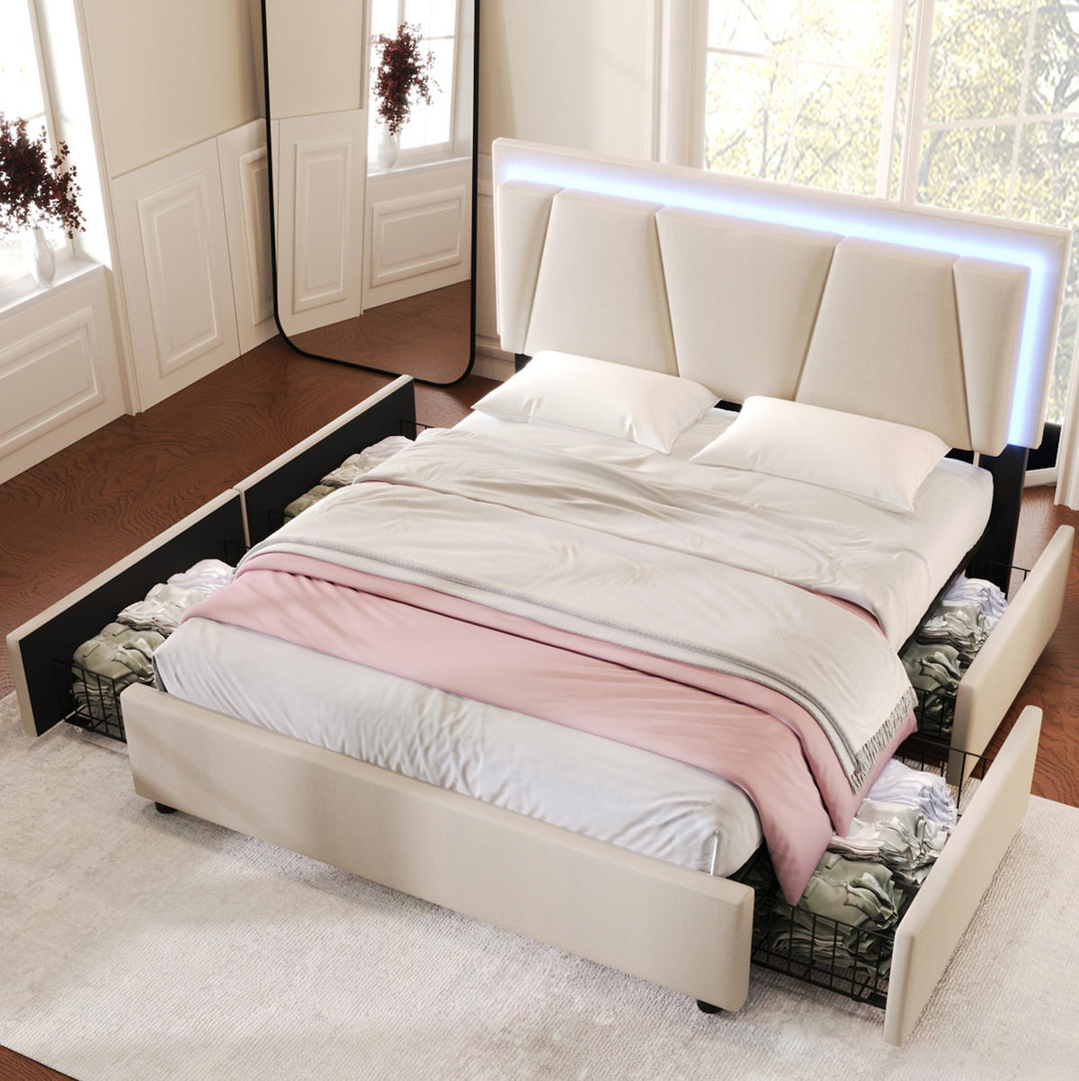 BETT mit LED, 4 Schubladen und Kopfteil 160x200 cm Beige - Beige, Holz (160/200cm) - Meubliv