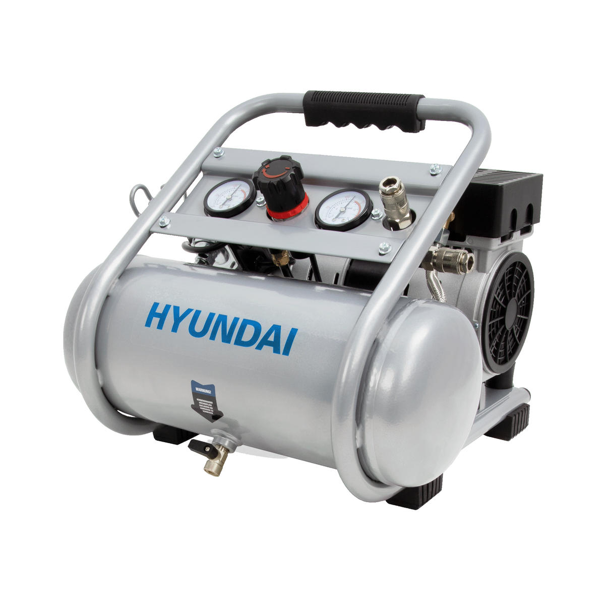 SILENT Kompressor SAC75008 (9 bar, 8L, tragbar, ÖLFREI, 49 dB, 750 W / 1 PS) - Silberfarben, Metall (41/41/35cm) - HYUNDAI