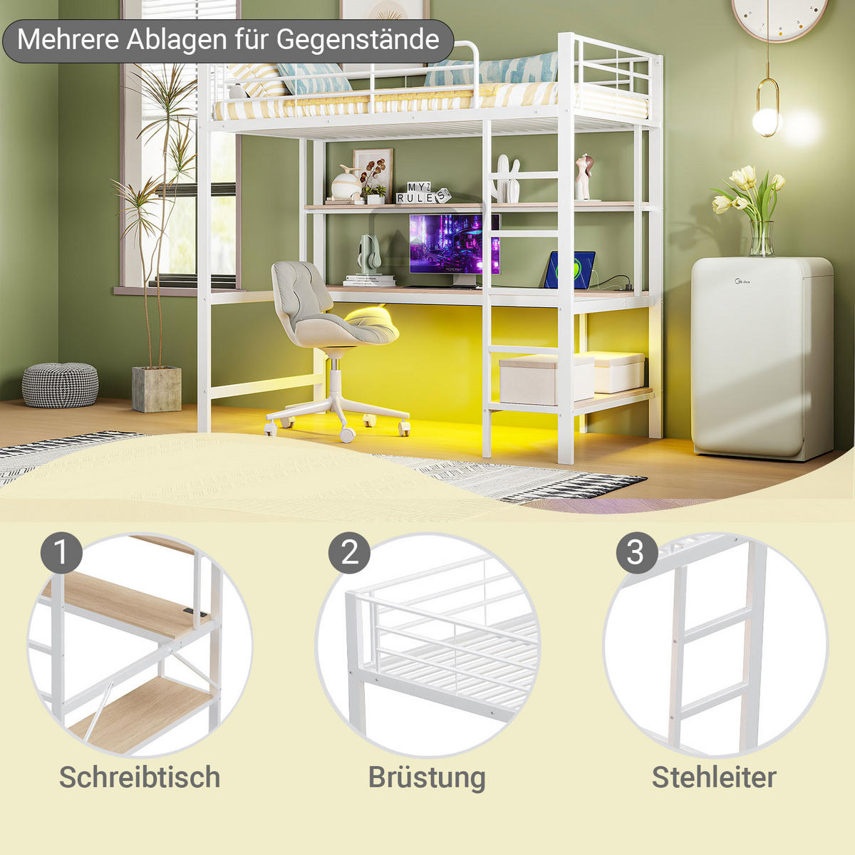 HOCHBETT 90x200cm Weiß Metall LED-Licht Schreibtisch USB - Weiß, Metall (90/200cm) - FLIEKS