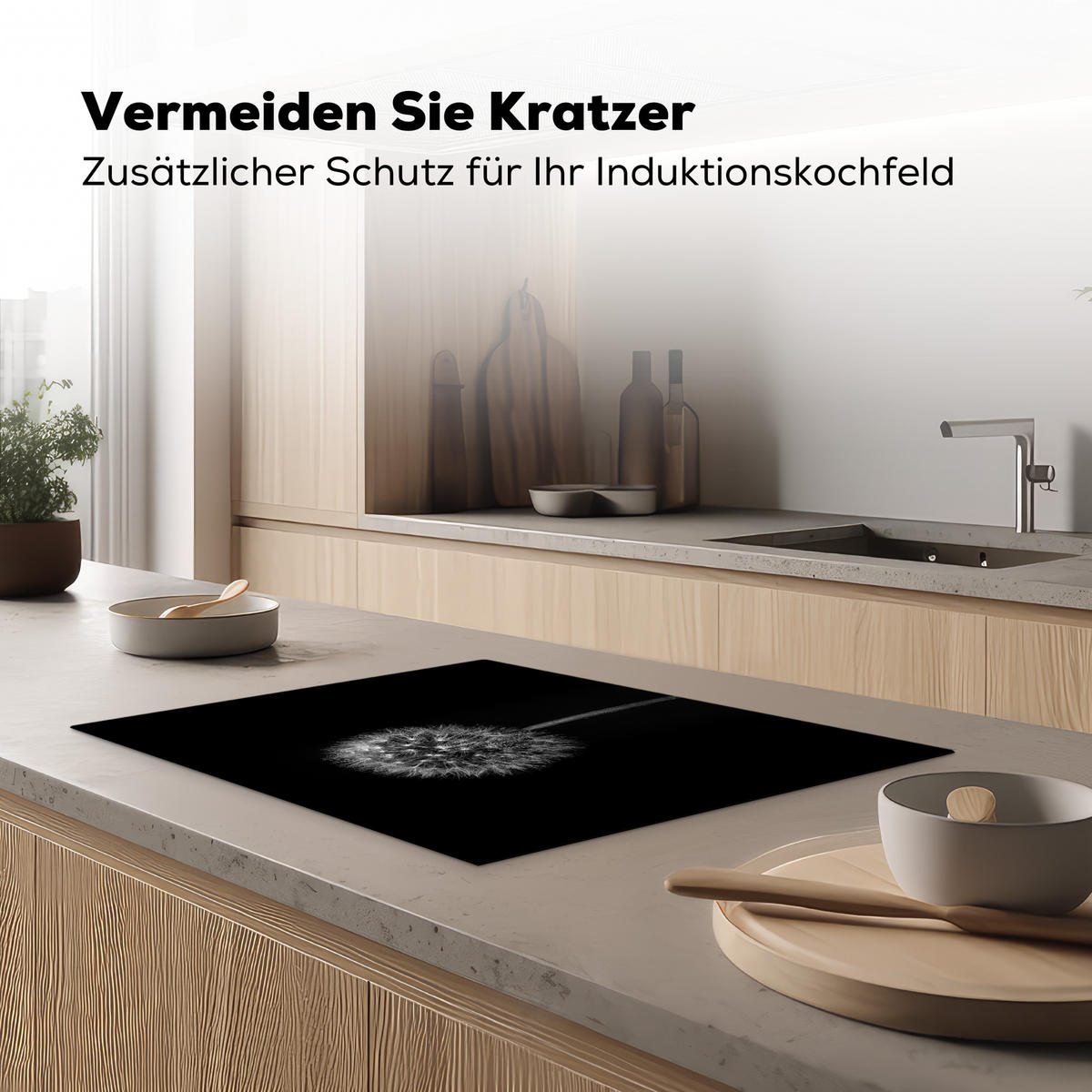 HERDABDECKPLATTE Löwenzahn - Schwarz - Floral - Botanisch Herdabdeckung Induktionsfeld 70x52 cm - Grau, Kunststoff (70/52/0.2cm) - MuchoWow