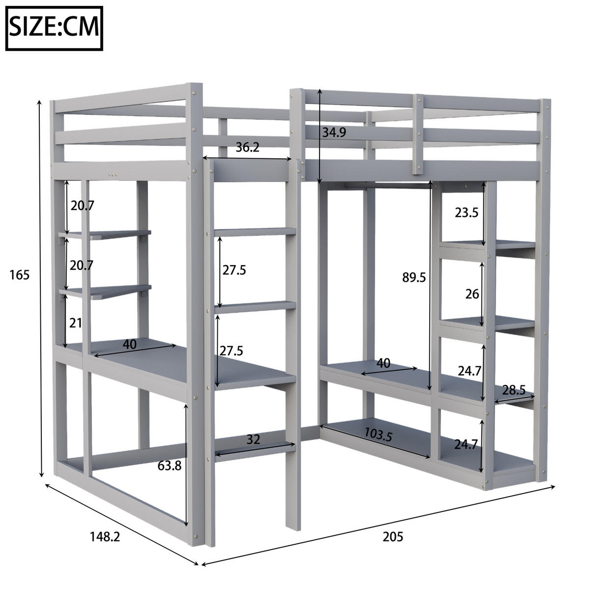 HOCHBETT 140/200 cm Grau aus Massivholz mit Schreibtisch und Regal - Grau, Holz (140/200cm) - OKMYHOME
