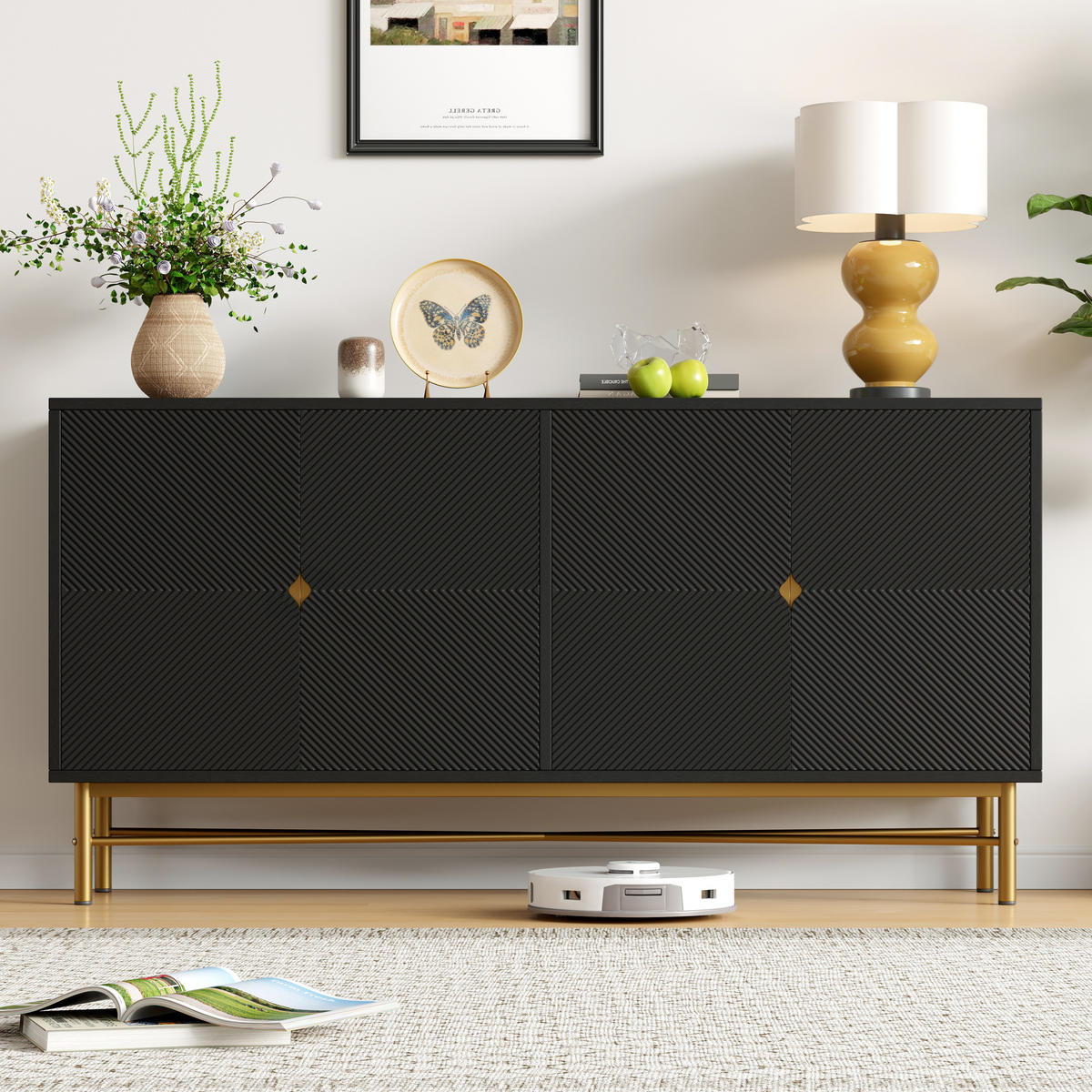SIDEBOARD Schwarz 4 Türen Gold Griffe Hochglanz 160x40x82cm - Schwarz, Holzwerkstoff (40/82/160cm) - FLIEKS