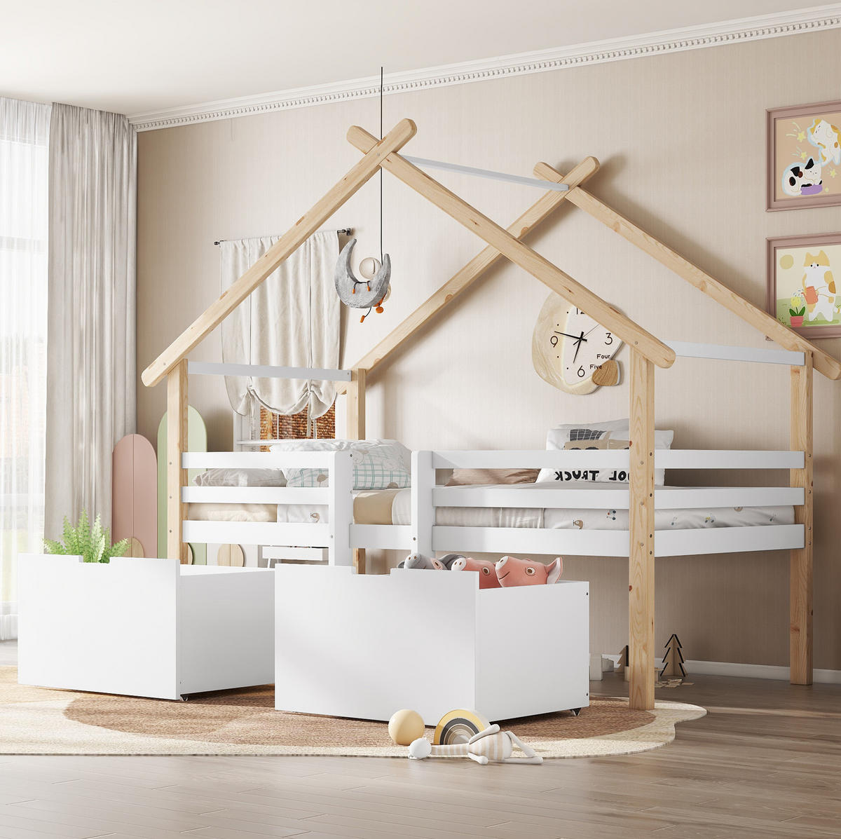 HAUSBETT 90/200 cm in Weiß/Natur mit Treppe und 2 Schließfächern - Weiß, Holzwerkstoff (90/200cm) - Flora Grace
