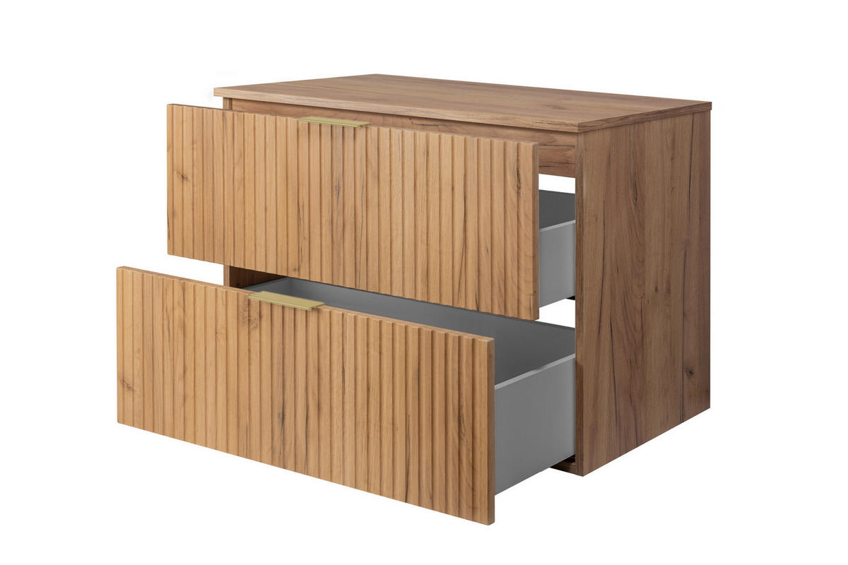 WASCHBECKUNTERSCHRANK, Eiche Craft, 80 x 57 x 46 cm, goldener Griff + Arbeitsplatte - Eichefarben/Goldfarben, Holzwerkstoff (80/57/46cm) - 3XE LIVING