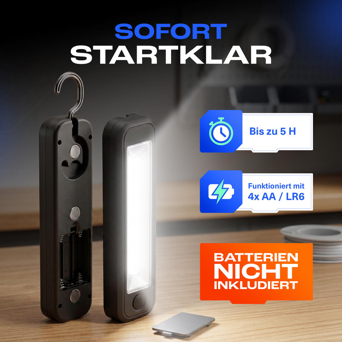 LED-BATTERIE-ARBEITSLEUCHTE - praktische Handlampe mit Magnet und Haken für Werkstatt und Zuhause, 1 Stück - Weiß, Kunststoff (5.5/2.9/22cm) - Northpoint